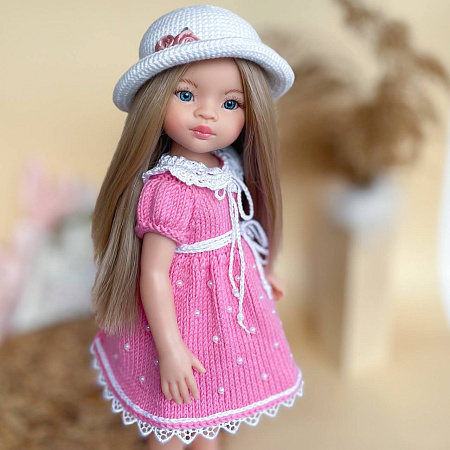 Вязанный комплект: Платье с воротником и бусинками,  шляпка, для куклы Paola Reina 33 см, Красный